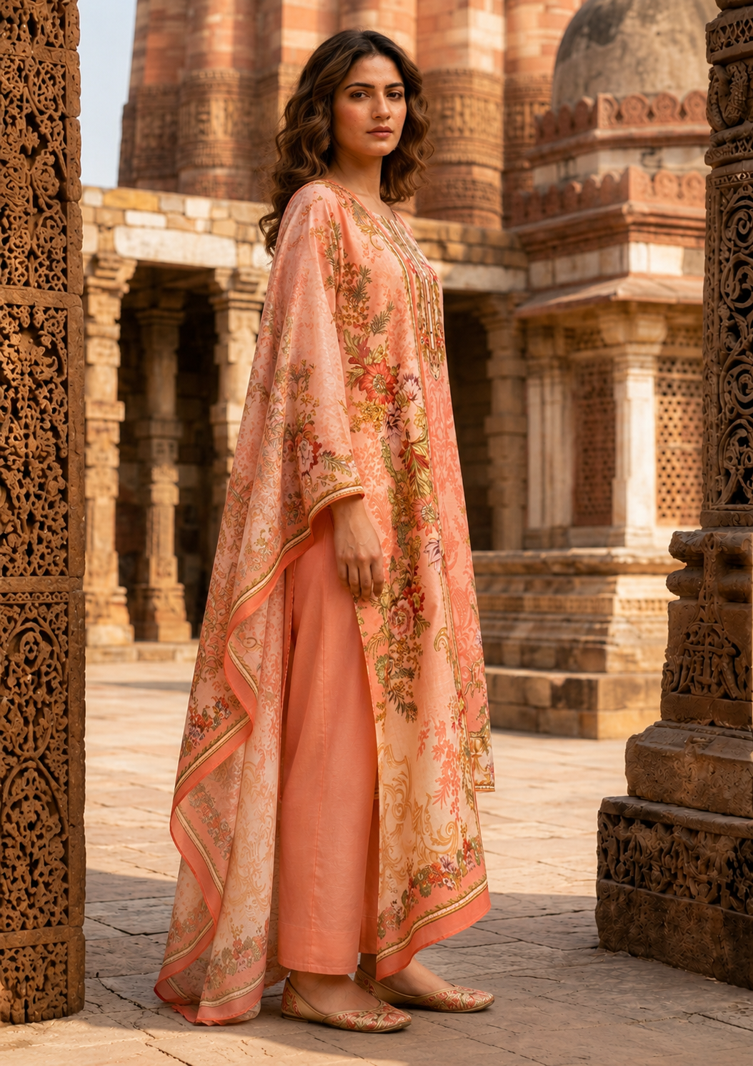 Peach Floral Printed Mul Cotton Suit Set with Dupatta for Women | Mirror Work Ethnic Wear