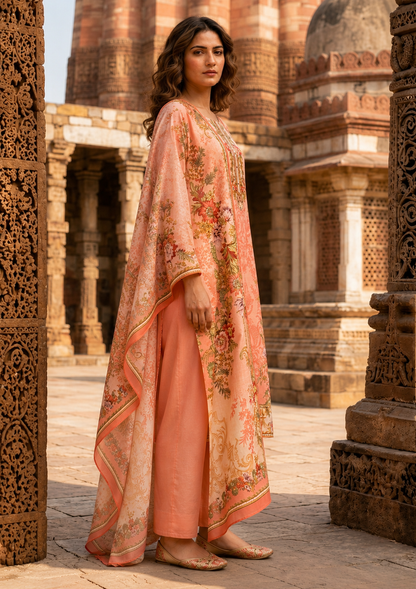 Peach Floral Printed Mul Cotton Suit Set with Dupatta for Women | Mirror Work Ethnic Wear