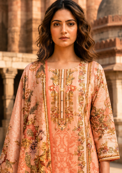 Peach Floral Printed Mul Cotton Suit Set with Dupatta for Women | Mirror Work Ethnic Wear