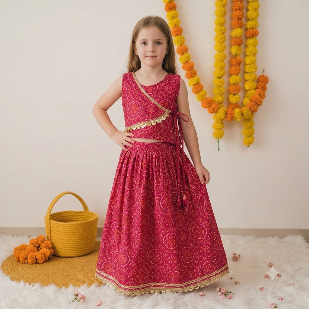 Girls Cotton Lehenga Choli Set in Pink with Gold Lace Border – Festive Ethnic Wear