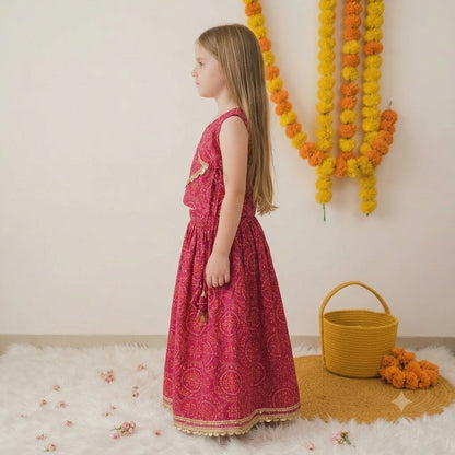 Girls Cotton Lehenga Choli Set in Pink with Gold Lace Border – Festive Ethnic Wear