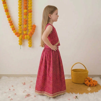 Girls Cotton Lehenga Choli Set in Pink with Gold Lace Border – Festive Ethnic Wear
