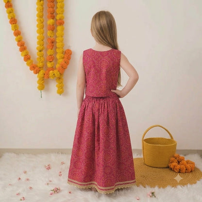 Girls Cotton Lehenga Choli Set in Pink with Gold Lace Border – Festive Ethnic Wear