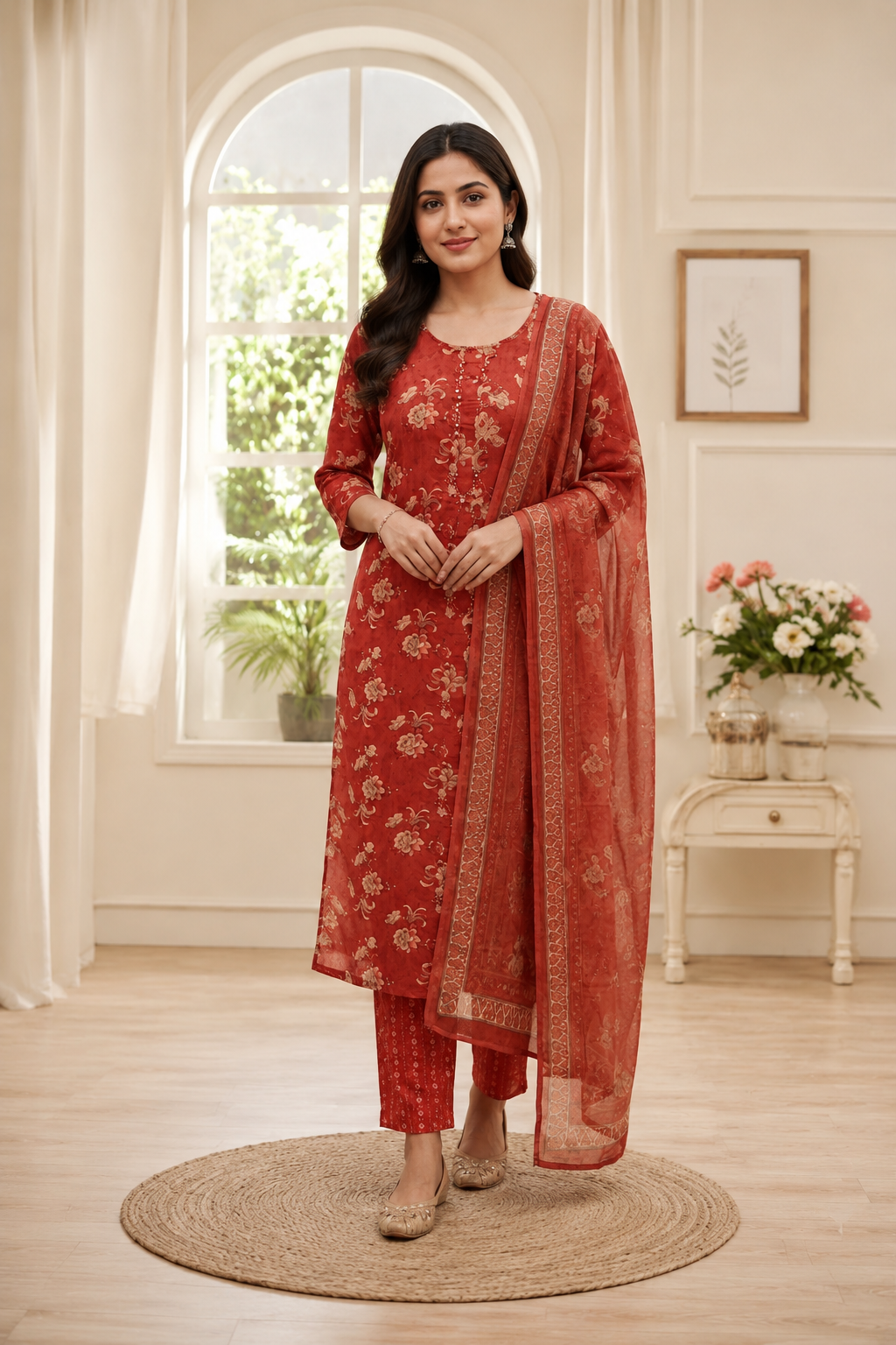 Rust Floral Printed Cotton Kurta Set with Pants & Dupatta – Women's Ethnic Wear