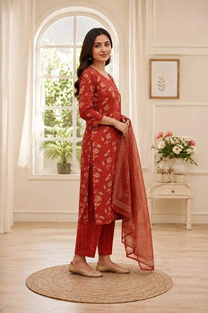 Rust Floral Printed Cotton Kurta Set with Pants & Dupatta – Women's Ethnic Wear