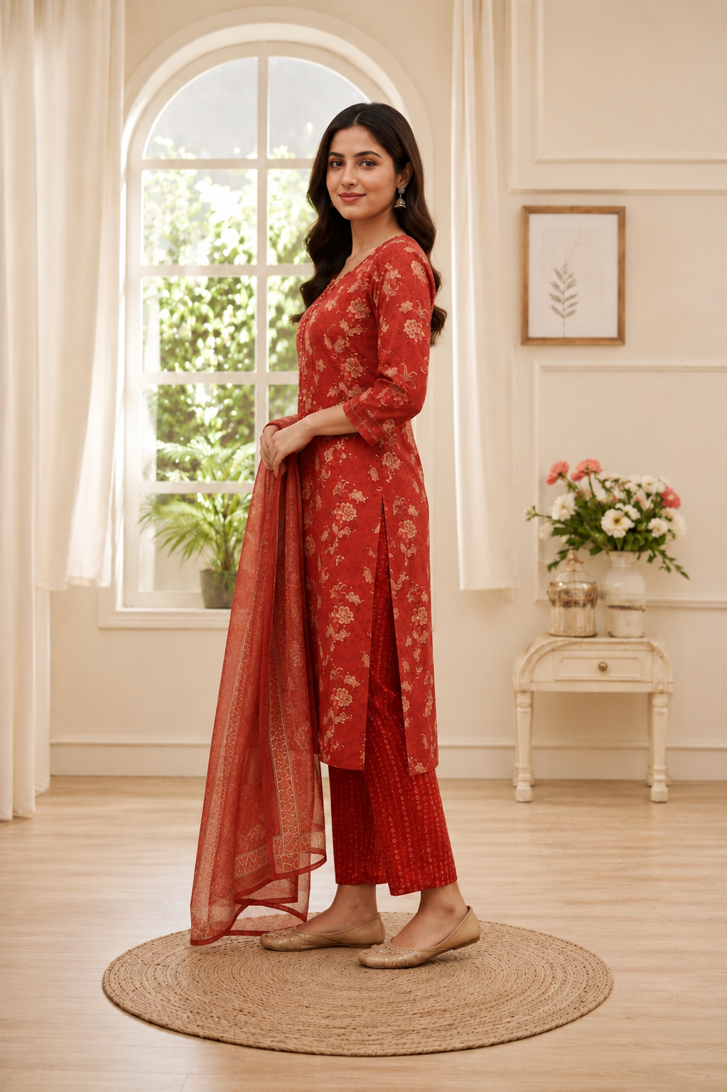 Rust Floral Printed Cotton Kurta Set with Pants & Dupatta – Women's Ethnic Wear