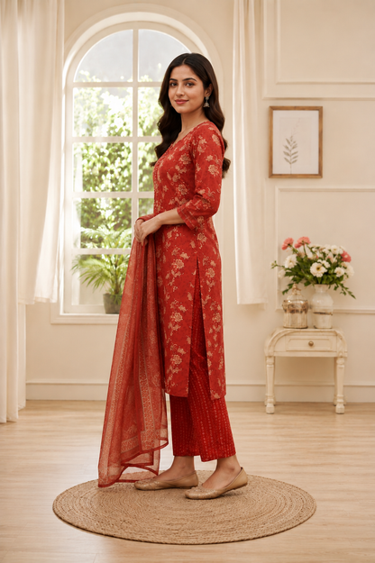 Rust Floral Printed Cotton Kurta Set with Pants & Dupatta – Women's Ethnic Wear
