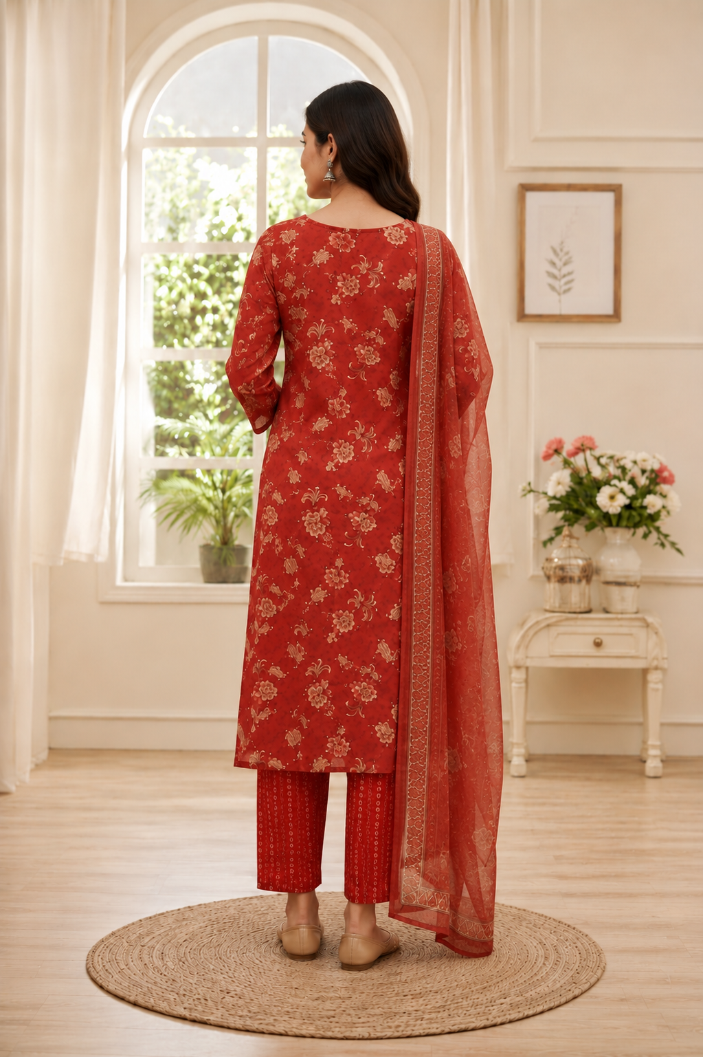 Rust Floral Printed Cotton Kurta Set with Pants & Dupatta – Women's Ethnic Wear