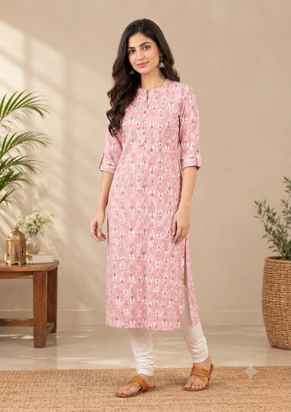 Printed Cotton Long Kurti for Women – Straight Fit, Mandarin Collar