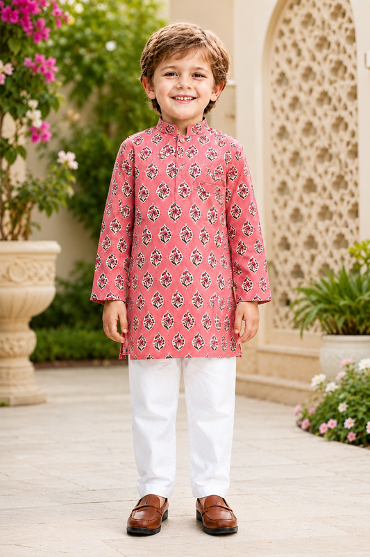 Peach Cotton Printed Elegant Kurta Pyjama for Boys