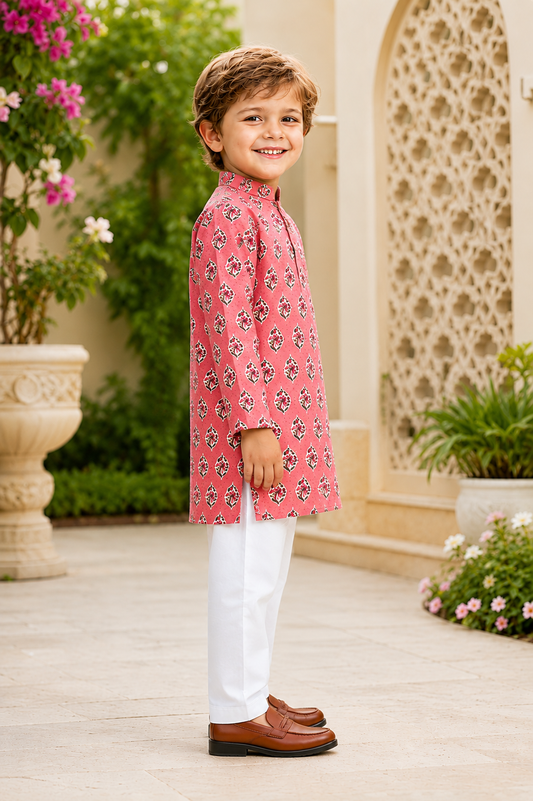 Peach Cotton Printed Elegant Kurta Pyjama for Boys