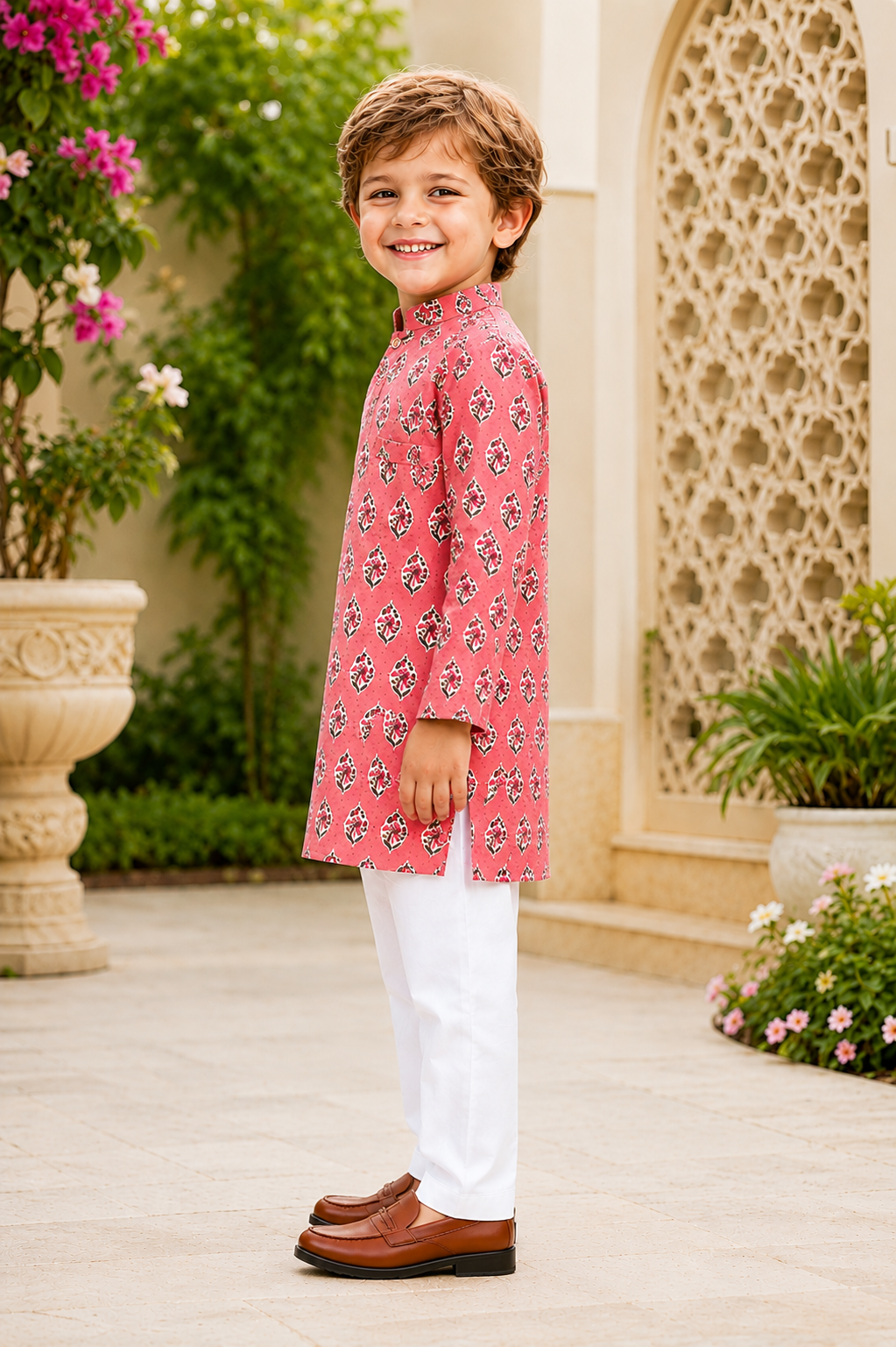 Peach Cotton Printed Elegant Kurta Pyjama for Boys - Nakh Clothing
