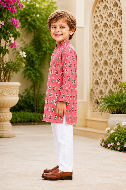 Peach Cotton Printed Elegant Kurta Pyjama for Boys - Nakh Clothing