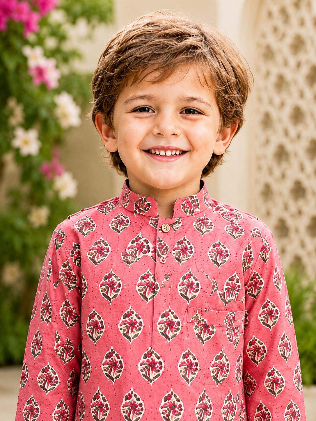 Peach Cotton Printed Elegant Kurta Pyjama for Boys - Nakh Clothing