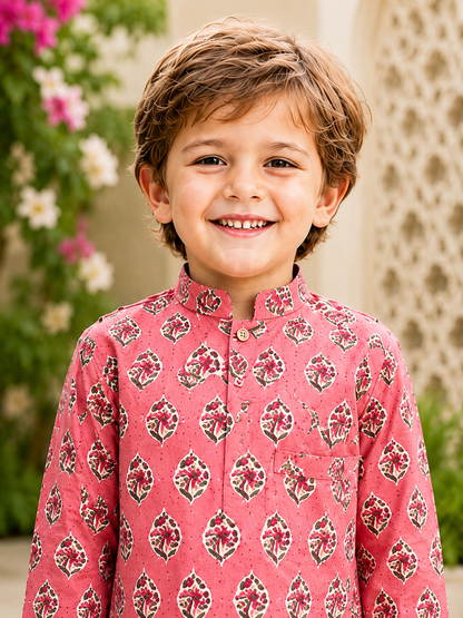Peach Cotton Printed Elegant Kurta Pyjama for Boys - Nakh Clothing