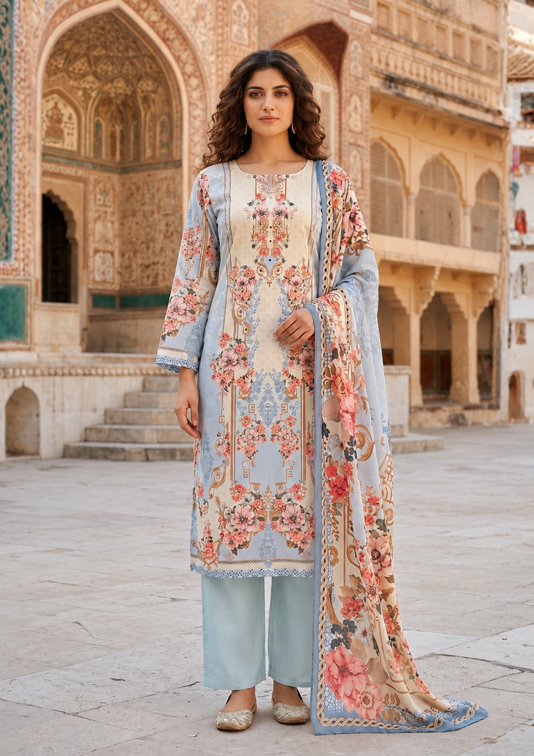 Powder Blue Floral Printed Mul Cotton Suit Set with Dupatta for Women | Mirror Work Ethnic Wear