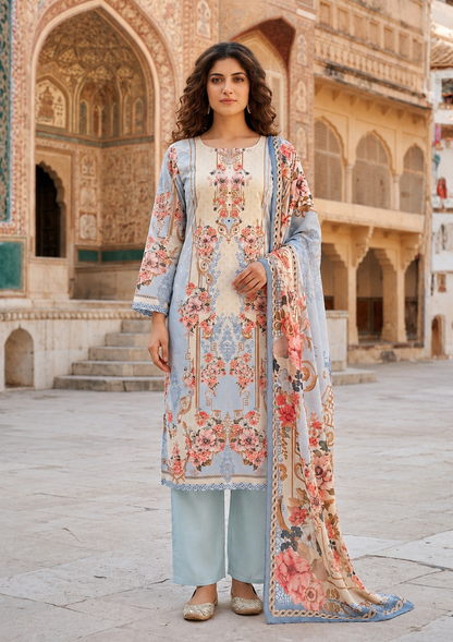 Powder Blue Floral Printed Mul Cotton Suit Set with Dupatta for Women | Mirror Work Ethnic Wear