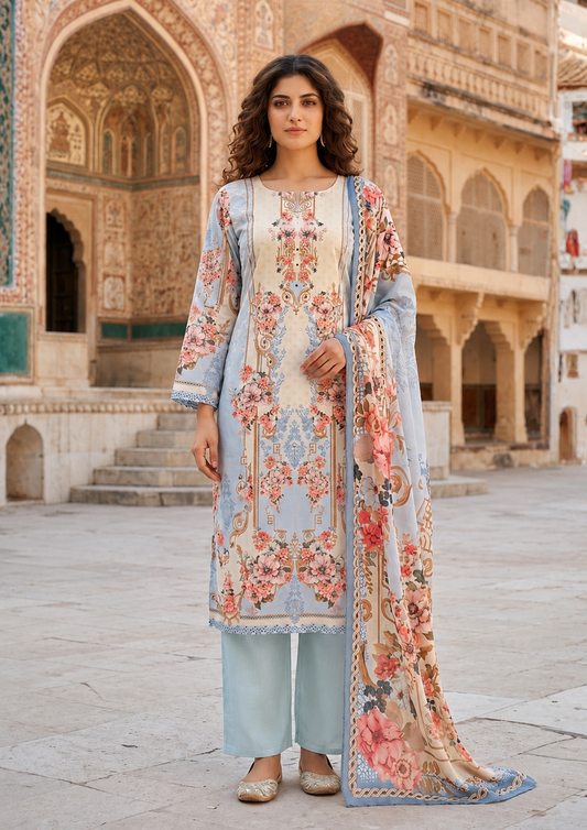 Powder Blue Floral Printed Mul Cotton Suit Set with Dupatta for Women | Mirror Work Ethnic Wear