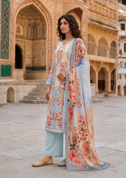 Powder Blue Floral Printed Mul Cotton Suit Set with Dupatta for Women | Mirror Work Ethnic Wear