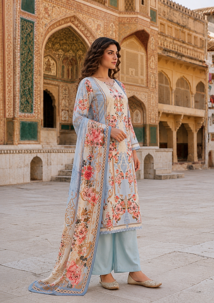 Powder Blue Floral Printed Mul Cotton Suit Set with Dupatta for Women | Mirror Work Ethnic Wear