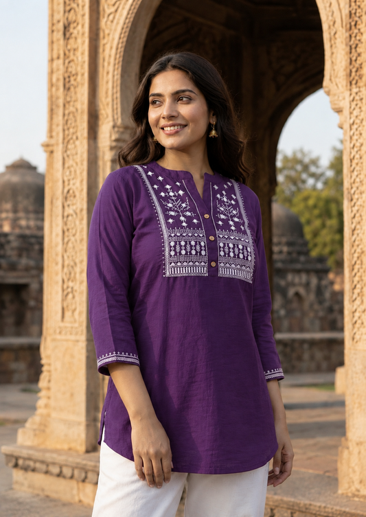 Purple Cotton Slub Embroidered Tunic for Women | Short Kurti - Nakh Clothing