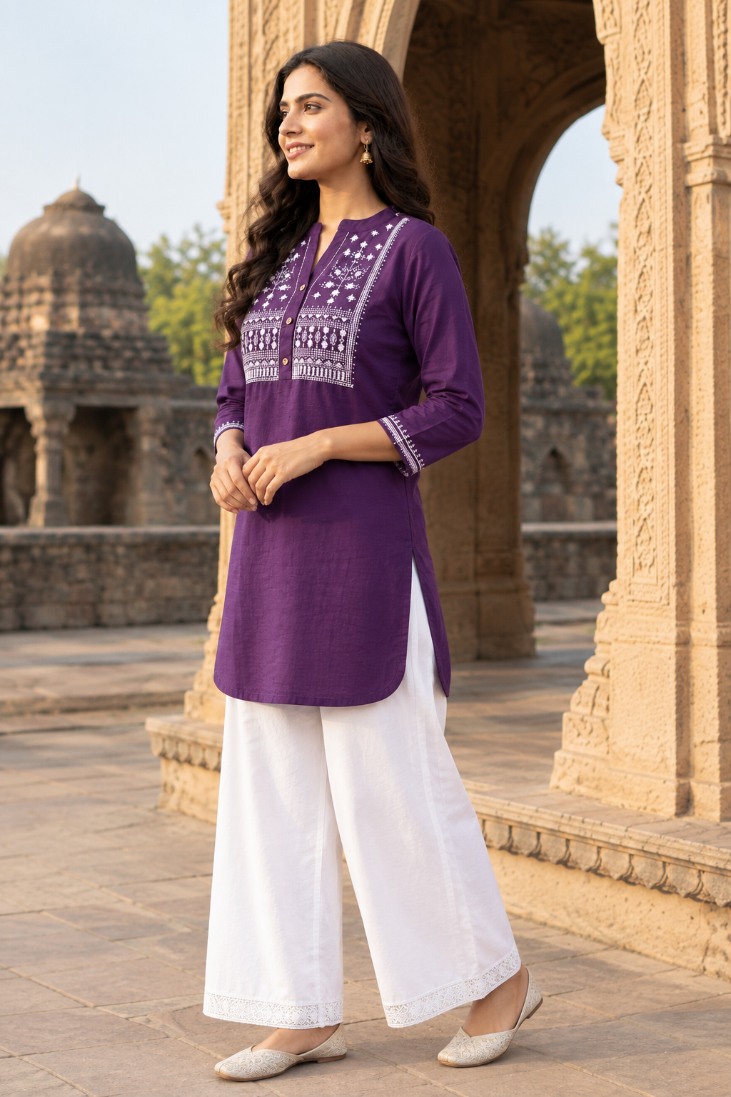 Purple Cotton Slub Embroidered Tunic for Women | Short Kurti