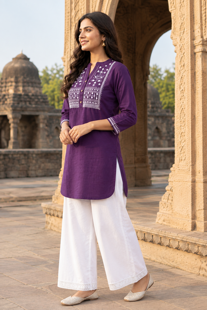 Purple Cotton Slub Embroidered Tunic for Women | Short Kurti