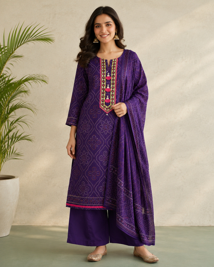 Purple Bandhani Print Cotton Kurti Palazzo Set with Dupatta | Embroidered 3PC Suit for Women