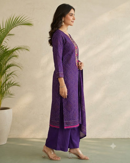 Purple Bandhani Print Cotton Kurti Palazzo Set with Dupatta | Embroidered 3PC Suit for Women