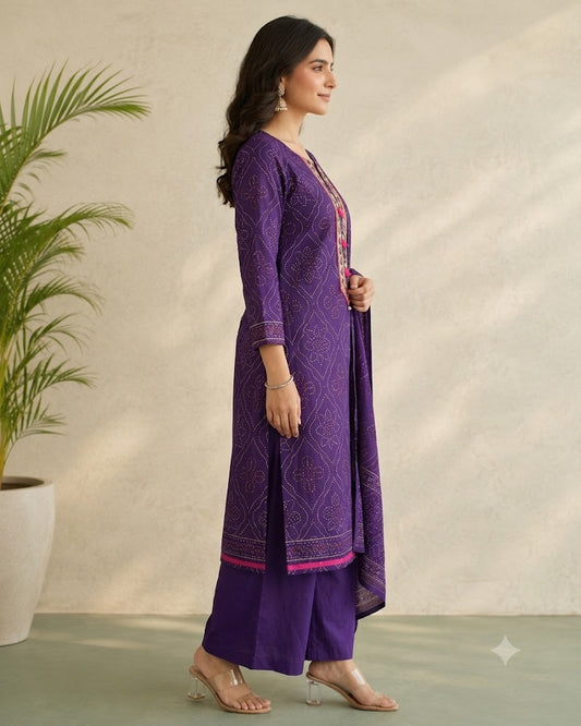 Purple Bandhani Print Cotton Kurti Palazzo Set with Dupatta | Embroidered 3PC Suit for Women