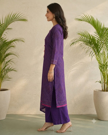Purple Bandhani Print Cotton Kurti Palazzo Set with Dupatta | Embroidered 3PC Suit for Women