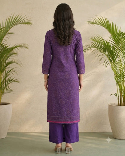 Purple Bandhani Print Cotton Kurti Palazzo Set with Dupatta | Embroidered 3PC Suit for Women