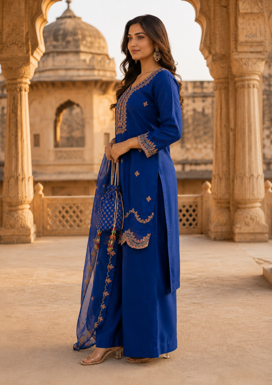Royal Blue Embroidered Short Kurta 3PC Suit for Women | Dola Silk with Organza Dupatta