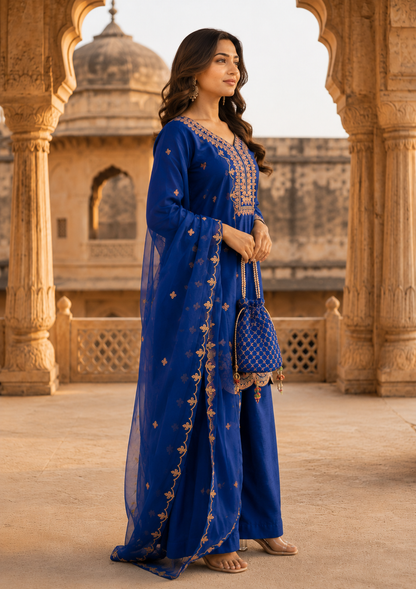 Royal Blue Embroidered Short Kurta 3PC Suit for Women | Dola Silk with Organza Dupatta
