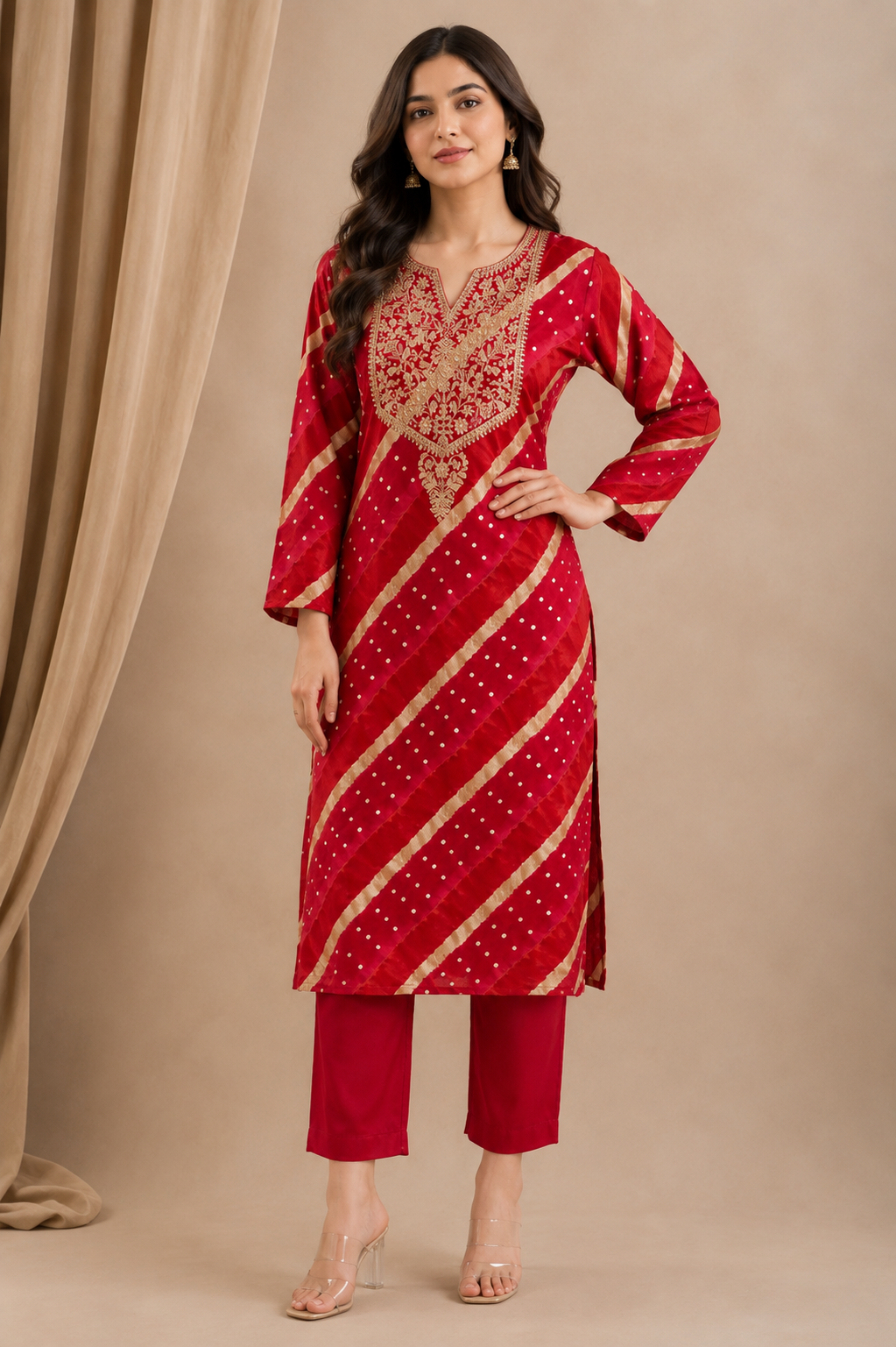 Red Bandhani Print Kurti Pant Set with Zari Embroidered Yoke | Modal Muslin Co-ord Set for Women
