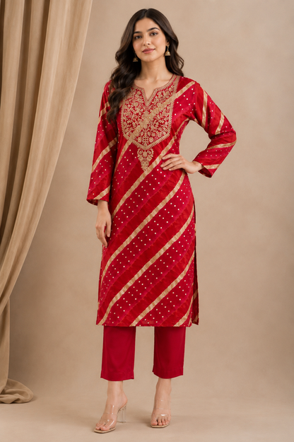 Red Bandhani Print Kurti Pant Set with Zari Embroidered Yoke | Modal Muslin Co-ord Set for Women