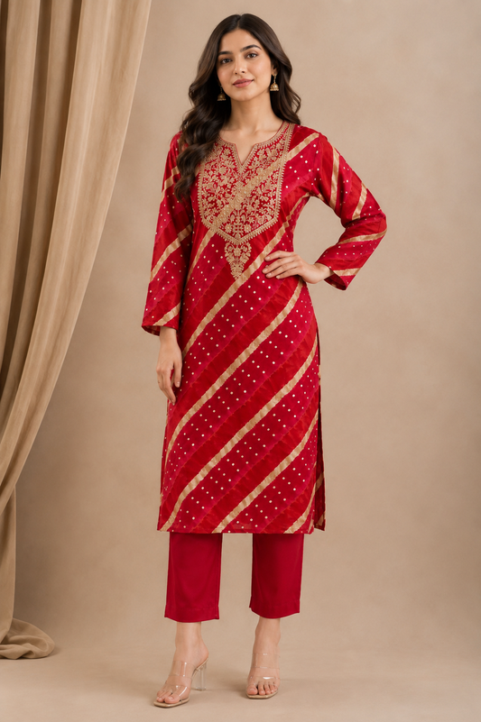 Red Bandhani Print Kurti Pant Set with Zari Embroidered Yoke | Modal Muslin Co-ord Set for Women