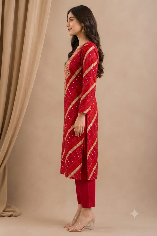 Red Bandhani Print Kurti Pant Set with Zari Embroidered Yoke | Modal Muslin Co-ord Set for Women