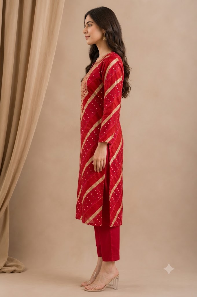 Red Bandhani Print Kurti Pant Set with Zari Embroidered Yoke | Modal Muslin Co-ord Set for Women