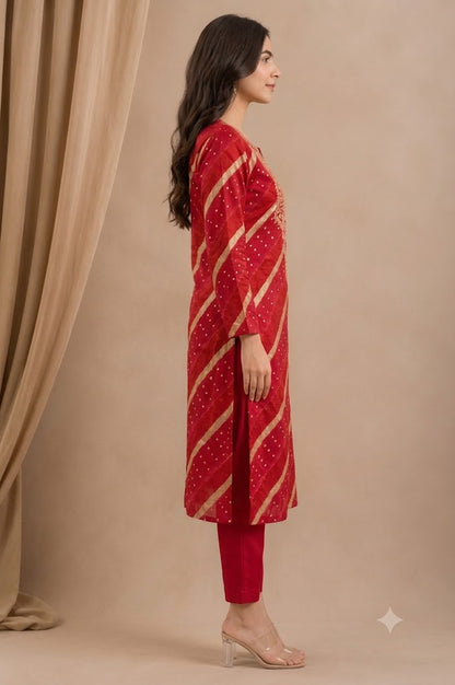 Red Bandhani Print Kurti Pant Set with Zari Embroidered Yoke | Modal Muslin Co-ord Set for Women