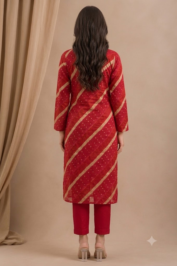 Red Bandhani Print Kurti Pant Set with Zari Embroidered Yoke | Modal Muslin Co-ord Set for Women