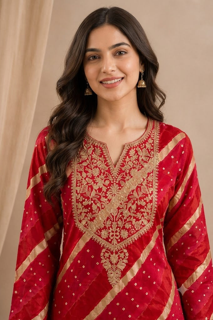 Red Bandhani Print Kurti Pant Set with Zari Embroidered Yoke | Modal Muslin Co-ord Set for Women