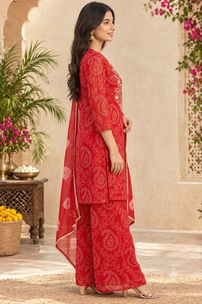 Red Bandhani Print Georgette 3-Piece Kurta Set | Festive Wear for Women