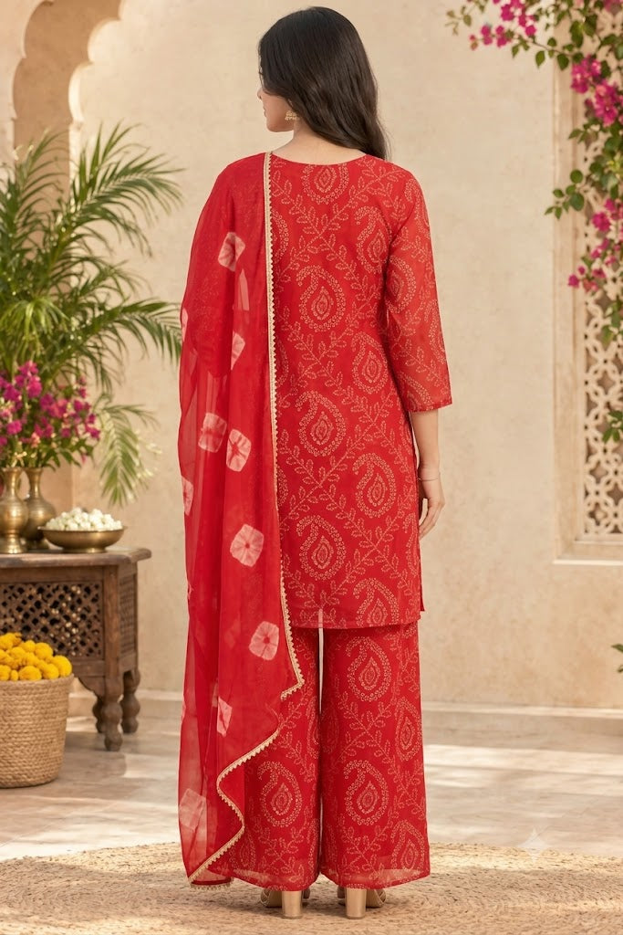 Red Bandhani Print Georgette 3-Piece Kurta Set | Festive Wear for Women