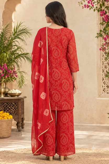 Red Bandhani Print Georgette 3-Piece Kurta Set | Festive Wear for Women