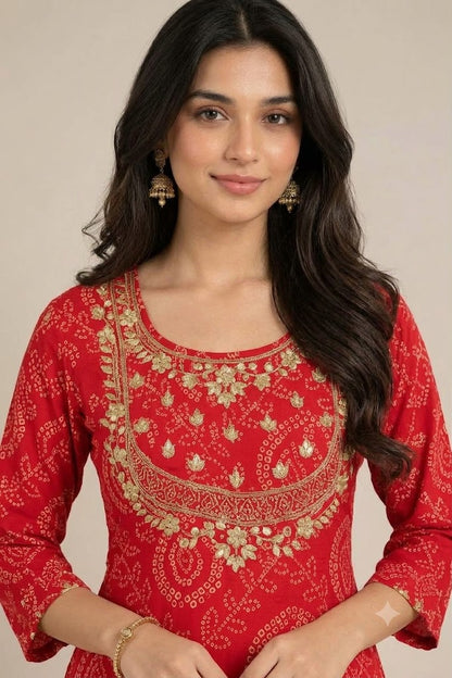Red Bandhani Print Georgette 3-Piece Kurta Set | Festive Wear for Women