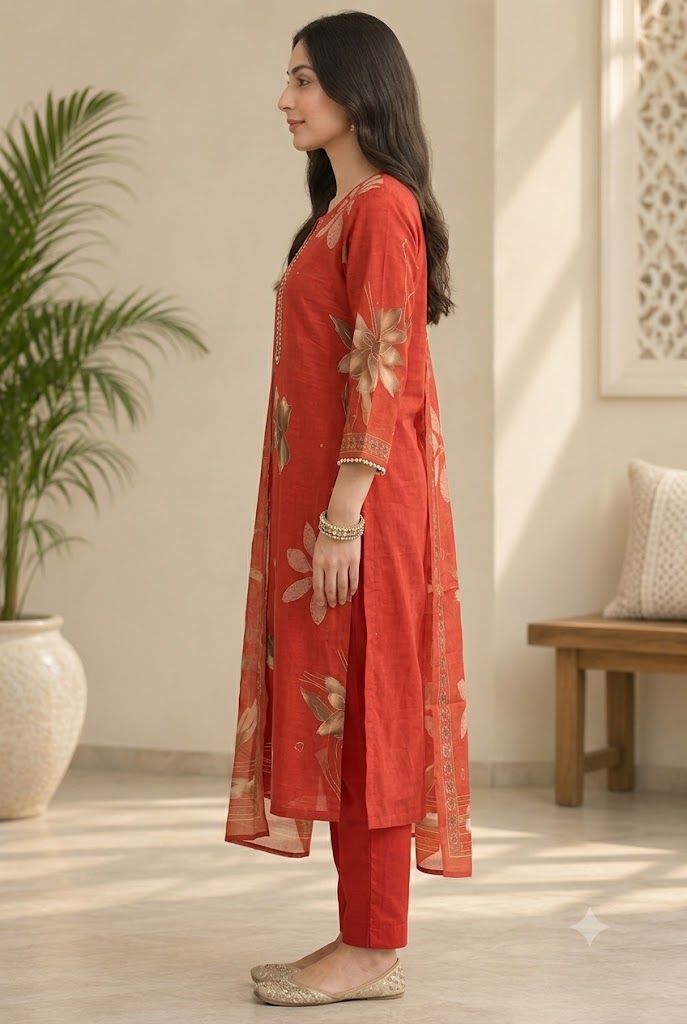 Cotton Floral Print Straight Suit Set with Embroidered Neckline