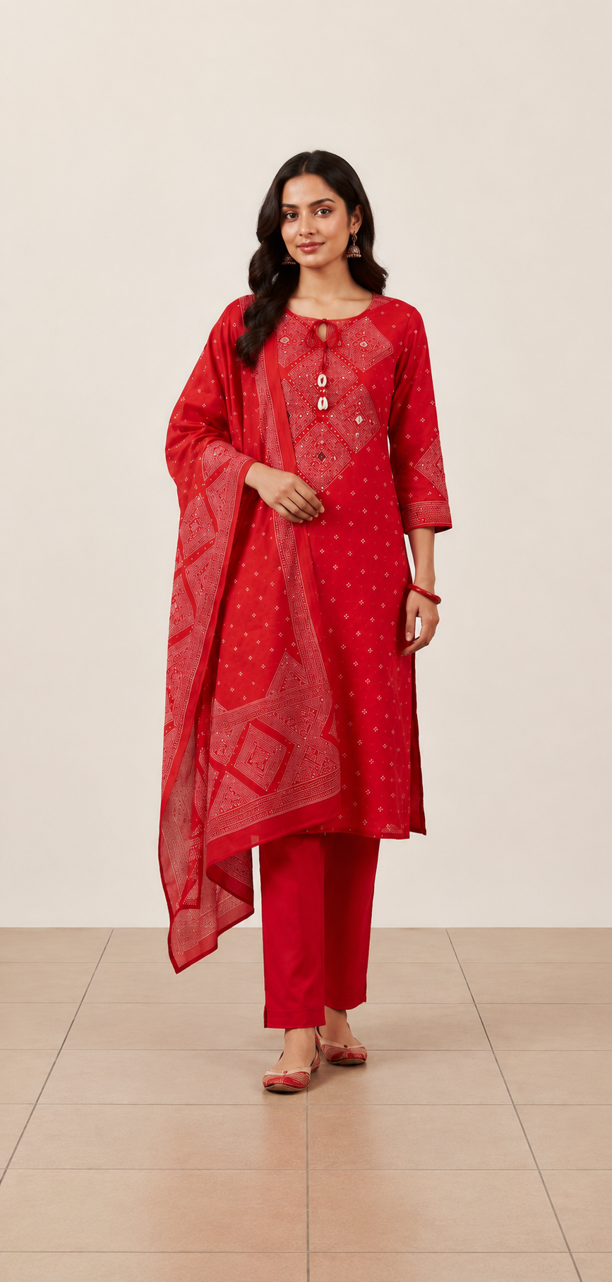 Red Bandhani Print Cotton Kurta Set with Dupatta – Women's Ethnic Wear