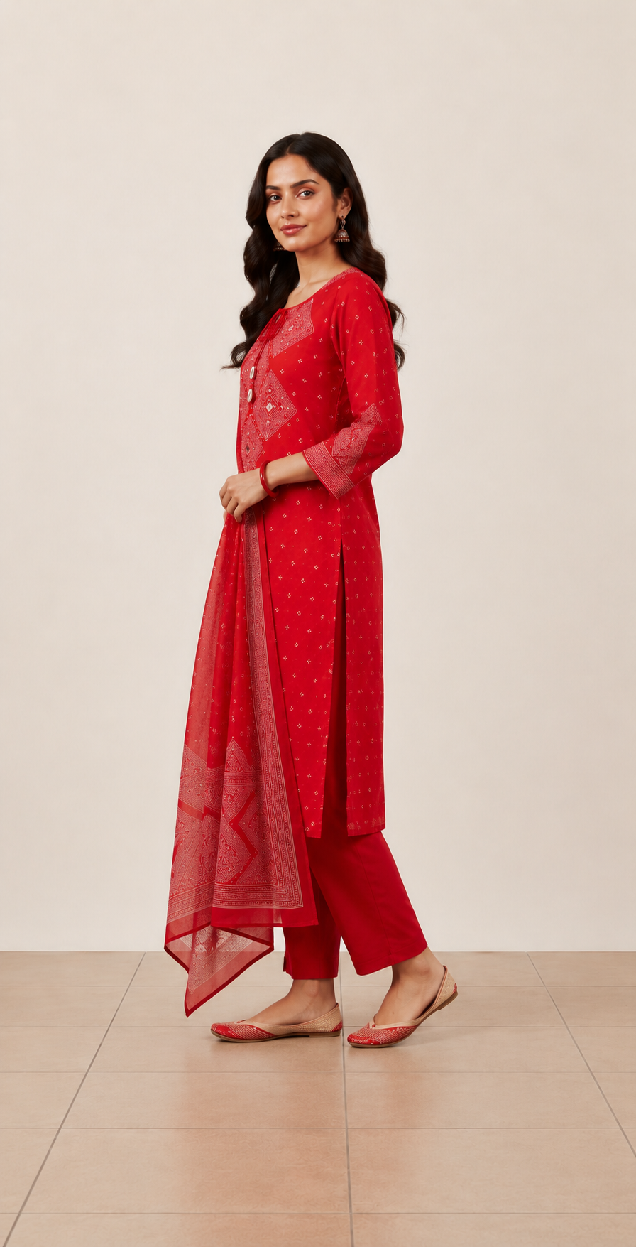 Red Bandhani Print Cotton Kurta Set with Dupatta – Women's Ethnic Wear