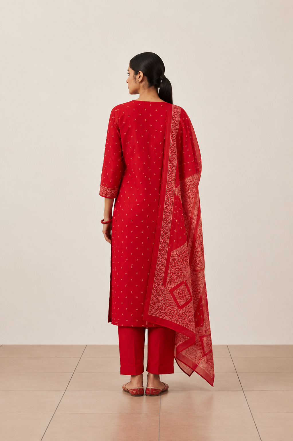Red Bandhani Print Cotton Kurta Set with Dupatta – Women's Ethnic Wear